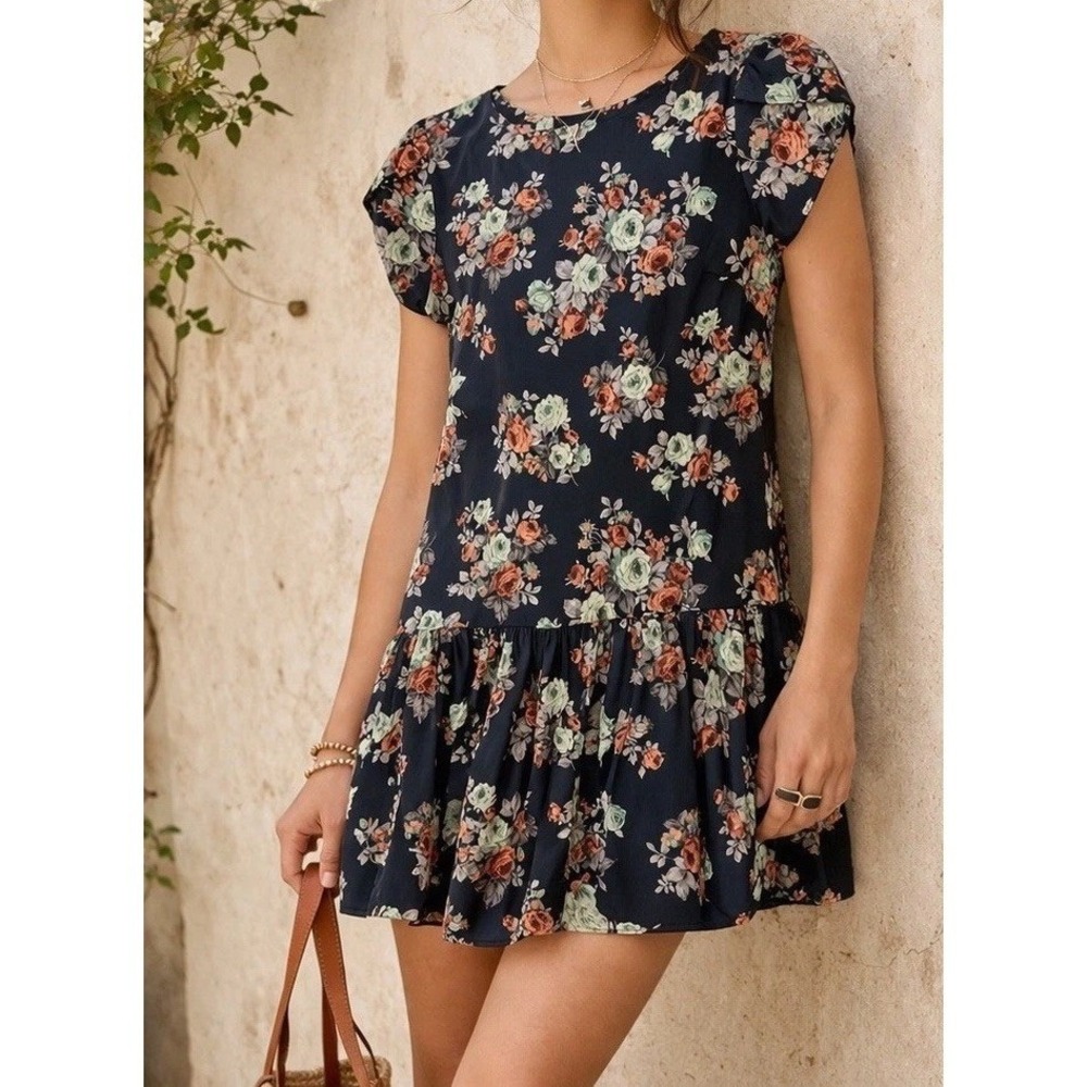 Pins and Needles Anthropologie Dress Womens XS Navy Floral Drop Waist Mini Boho